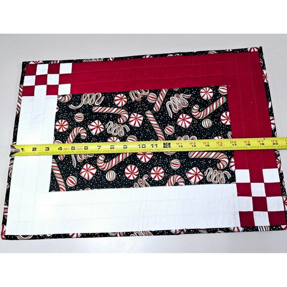 Handcrafted Christmas Quilted Placemats 20x14.5" set/2 peppermints black red whi - Picture 9 of 10